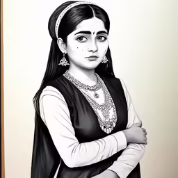 a black and white drawing of a girl in a dress