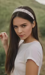 a girl is posing for a photo while wearing headbands