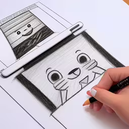 someone uses a crayon pencil to draw something,a drawing of a cat with a ruler