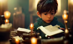 a boy is reading a book at a table