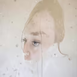 a girl with blue eyes looking through a window