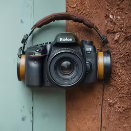 a black camera and brown leather headband on a green door