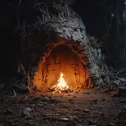 a small fire burns in a very dark cave