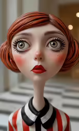 a close - up of an animated doll dressed in red and white stripes