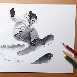 a black and white drawing of a woman doing skateboard tricks