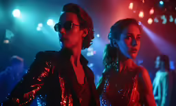 two people standing in the spotlight with one person wearing shades
