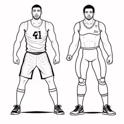 two men in uniforms standing side by side,an illustration shows a drawing of two men in wrestling uniforms,two people in different uniforms with shoes and socks,two professional wrestlers drawing - a picture of two professional wrestling competitors fine art print,two different men standing side by side in uniforms