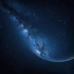a view of the earth from space, showing a telescope and stars