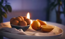 the oranges are next to some candles
