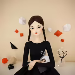 an animated image of a doll sitting with her hand on her shoulder