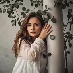 a young woman is leaning against a tree