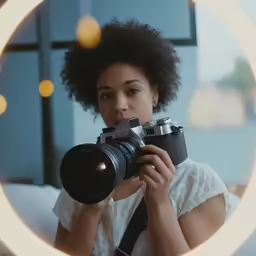 a woman holding a camera standing in front of a mirror