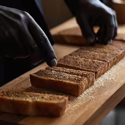 an image of a person slicing bread on a wooden cutting board