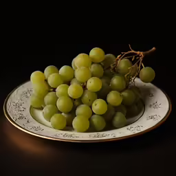a plate with green grapes and stems on it