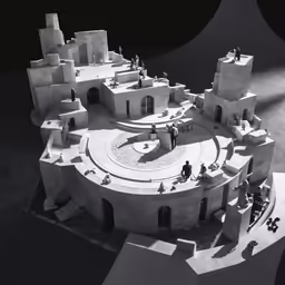 a sculpture of a circular area with two buildings in the background