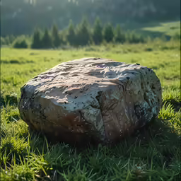 a rock lying on the ground in a field