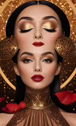 a woman with a gold necklace and red roses in her hair