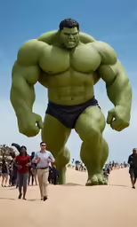 a huge, green, man in his underwear walks by a crowd