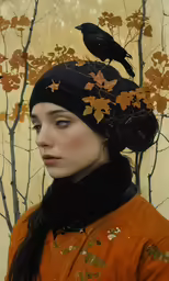 a woman in a red coat standing in front of a tree