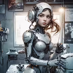 a futuristic woman with headphones standing in an office