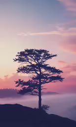 lone tree on a small mountain in the morning