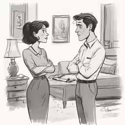 a man and woman talk in an office drawing by david lervor