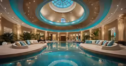 the swimming pool has two couches, large blue pillows and a round - shaped dome above it