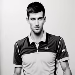 a man standing in a black and white photo