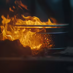 flames are spread over the rim of a metal bowl