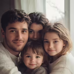a father, mother and son smile in front of a window