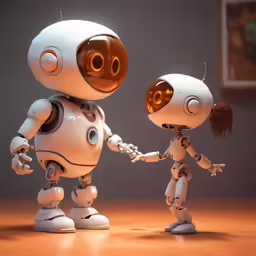 small robot couple holding hands on wooden table
