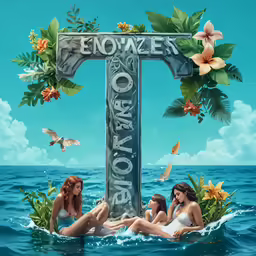a painting of women in bathing suits sitting on the beach, with an enormous cross of words above them
