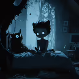 a person sits in bed with an evil looking cat