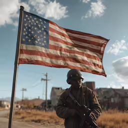 a soldier with an automatic rifle under a large flag
