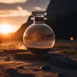 a small glass carafe sitting on top of a sandy beach
