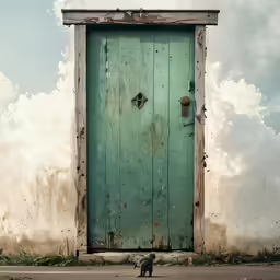 a cat walking down the street in front of an old green door