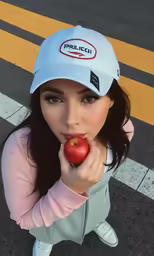 a young woman poses and licks an apple