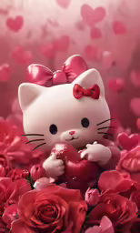 a kitty with a heart is surrounded by red roses