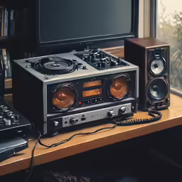 there is an old stereo next to a keyboard