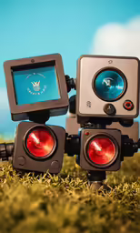 two traffic lights are on some grass