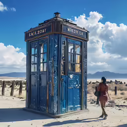 a person standing next to an old phone booth