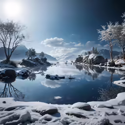 a winter scene with snow covered rocks and a lake