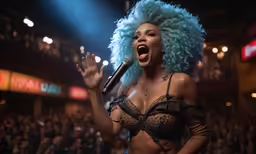 an african american woman with blue hair sings into a microphone