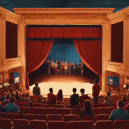 a large crowd is gathered in an empty theater,a view of a theatre with people in the middle