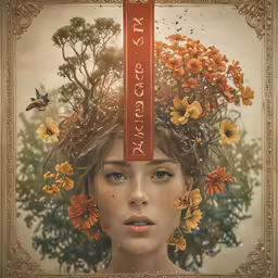 a woman wearing a wreath of flowers on her head with the words krysken written on it
