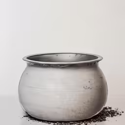 a black and white photo of a metal bowl