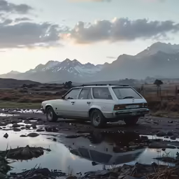 an old station wagon is parked next to some mud puddles