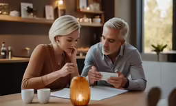 a woman and man looking at an envelope while sitting at a table