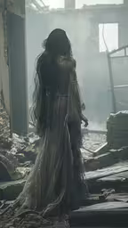 a woman in white dress walking through a destroyed building,a young girl standing in the ruins of a building