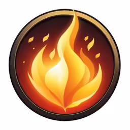 a white background with red and orange flames on a black circle